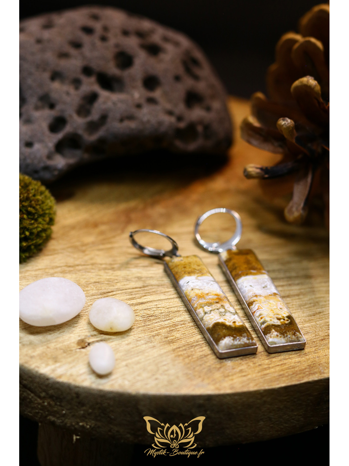 Boucles d'oreilles rectangulaires en jaspe océan - Sertissage et accroches en titane 07