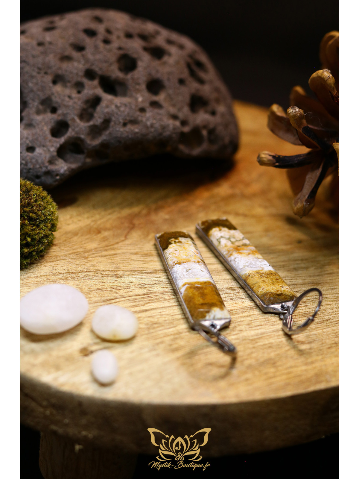 Boucles d'oreilles rectangulaires en jaspe océan - Sertissage et accroches en titane 07