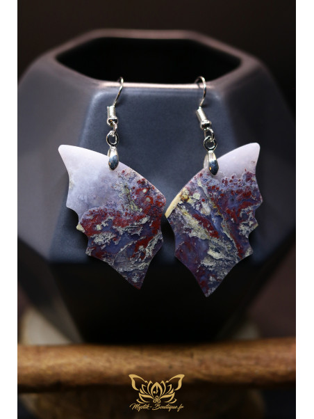 Boucles d'oreilles artisanales ailes de papillon en agate mousse 01 - Accroches en cuivre plaqué argent 925