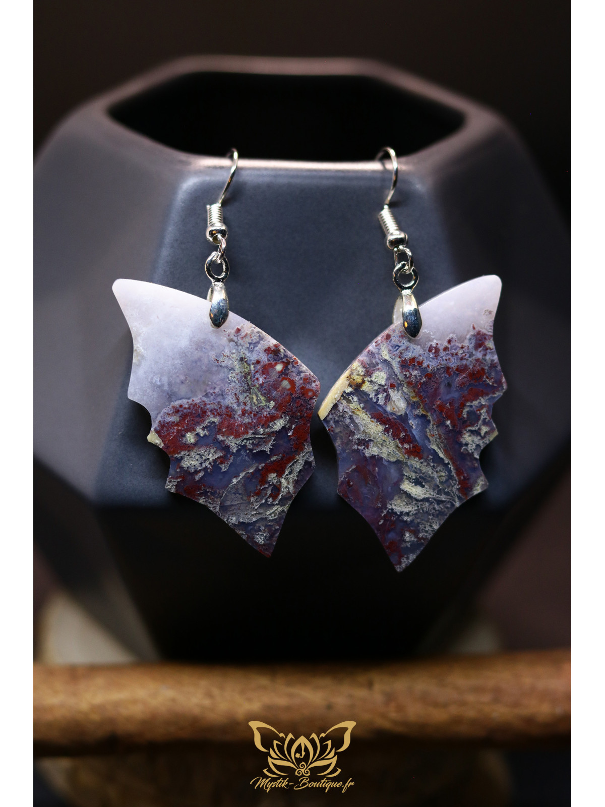 Boucles d'oreilles artisanales ailes de papillon en agate mousse 01 - Accroches en cuivre plaqué argent 925