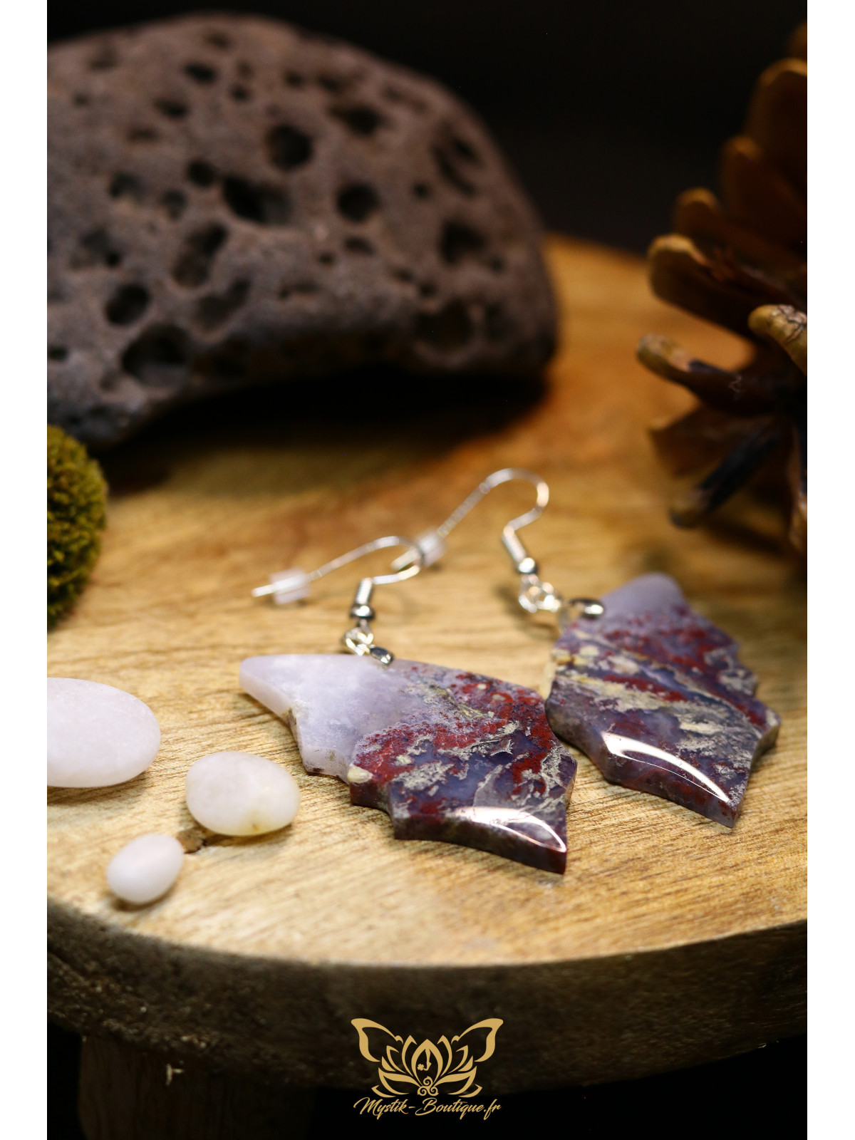 Boucles d'oreilles artisanales ailes de papillon en agate mousse 01 - Accroches en cuivre plaqué argent 925