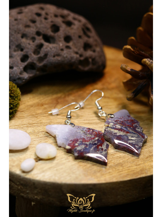 Boucles d'oreilles artisanales ailes de papillon en agate mousse 01 - Accroches en cuivre plaqué argent 925