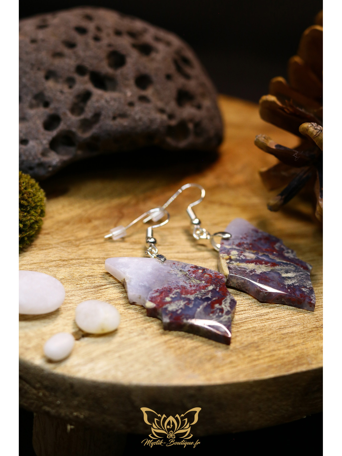 Boucles d'oreilles artisanales ailes de papillon en agate mousse 01 - Accroches en cuivre plaqué argent 925