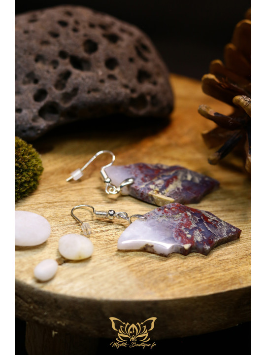 Boucles d'oreilles artisanales ailes de papillon en agate mousse 01 - Accroches en cuivre plaqué argent 925