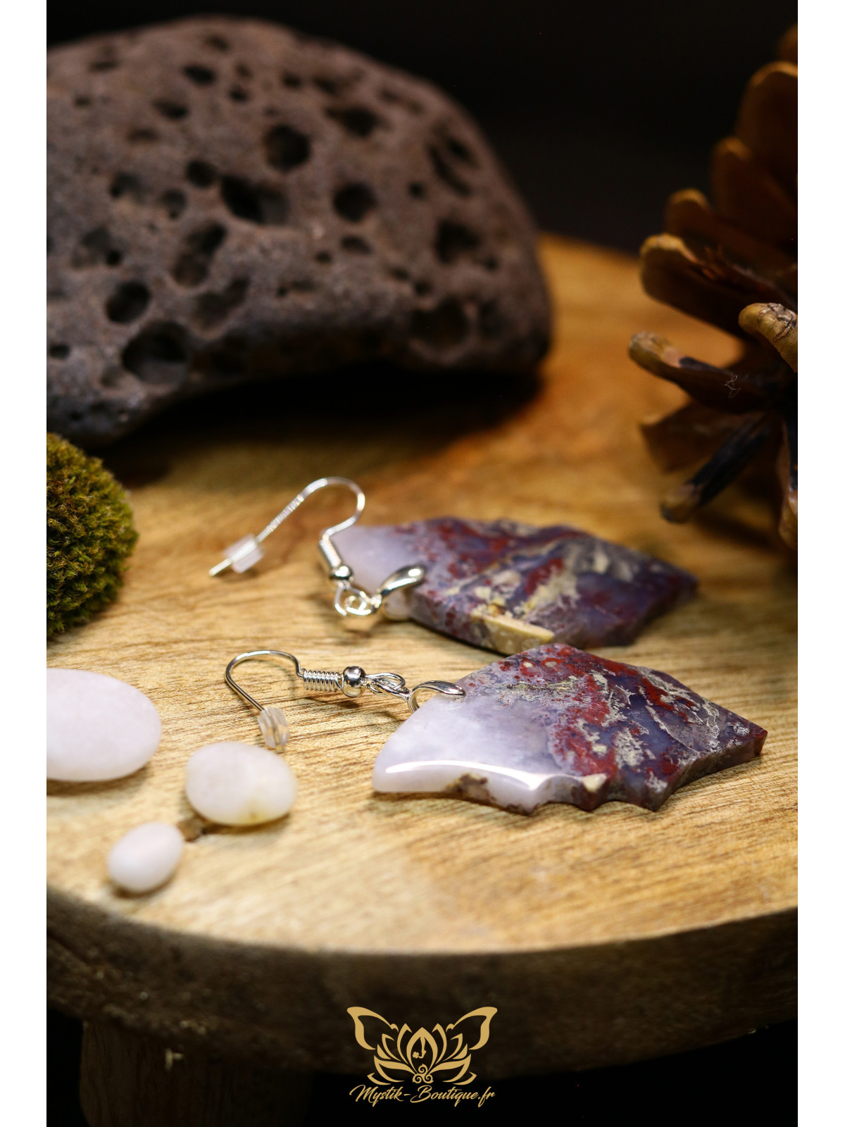 Boucles d'oreilles artisanales ailes de papillon en agate mousse 01 - Accroches en cuivre plaqué argent 925