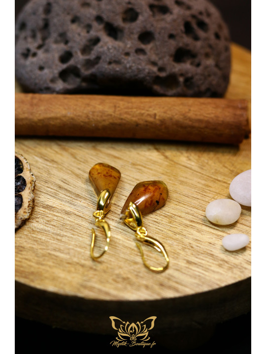 Boucles d'oreilles artisanales en ambre - Accroches en laiton plaqué or 18K