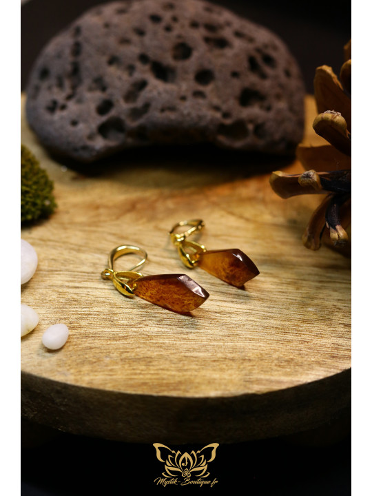 Boucles d'oreilles artisanales en ambre - Accroches en laiton plaqué or 18K