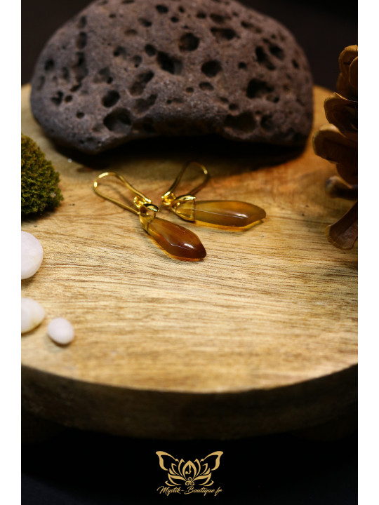 Boucles d'oreilles artisanales en ambre - Accroches en laiton plaqué or 18k