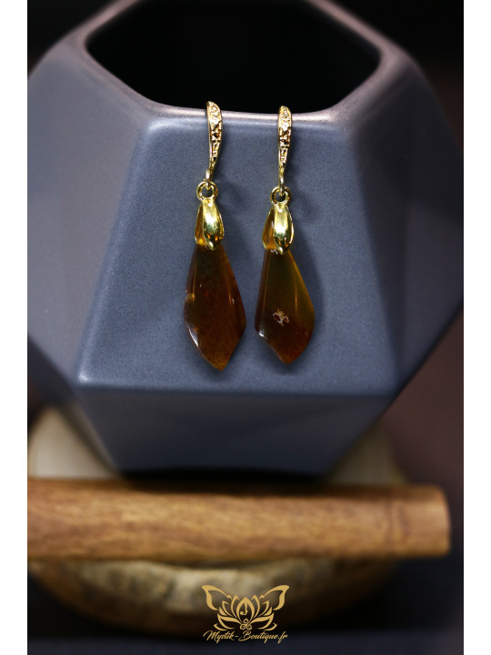 Boucles d'oreilles artisanales en ambre - Accroches en laiton plaqué or 18K