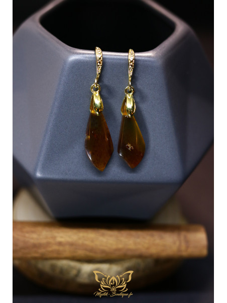 Boucles d'oreilles artisanales en ambre - Accroches en laiton plaqué or 18K