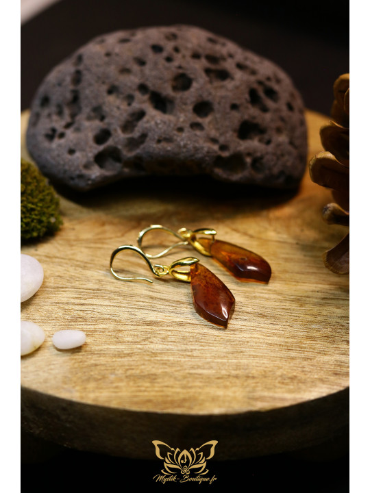 Boucles d'oreilles artisanales en ambre - Accroches en laiton plaqué or 18K
