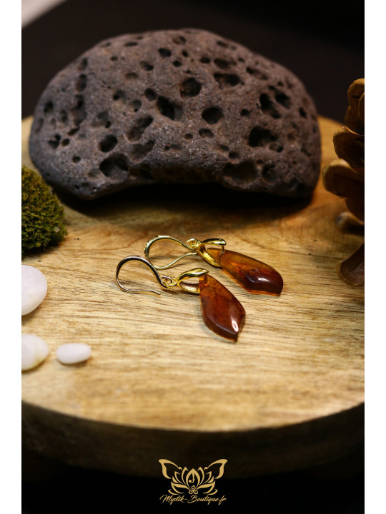 Boucles d'oreilles artisanales en ambre - Accroches en laiton plaqué or 18K