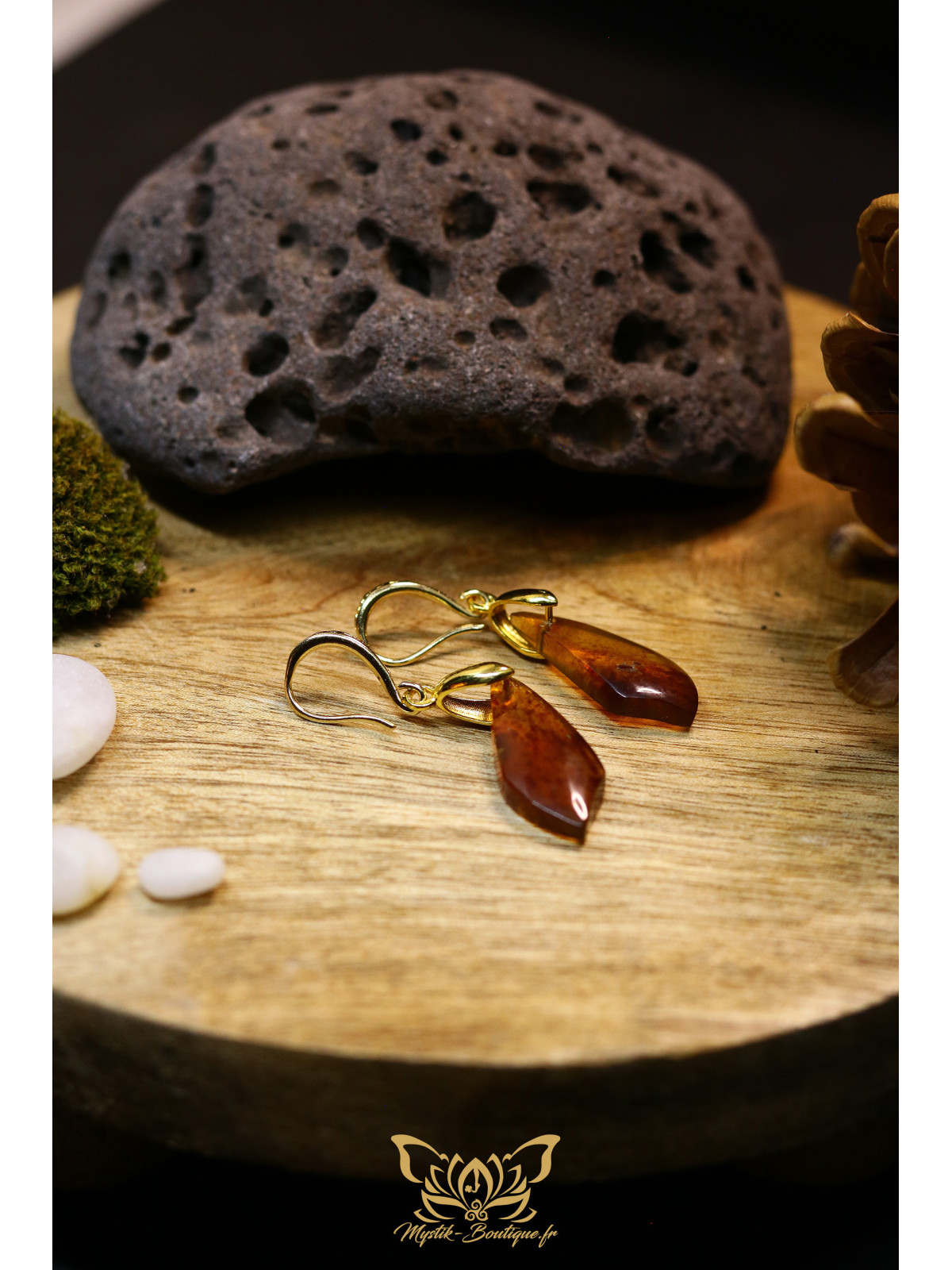 Boucles d'oreilles artisanales en ambre - Accroches en laiton plaqué or 18K