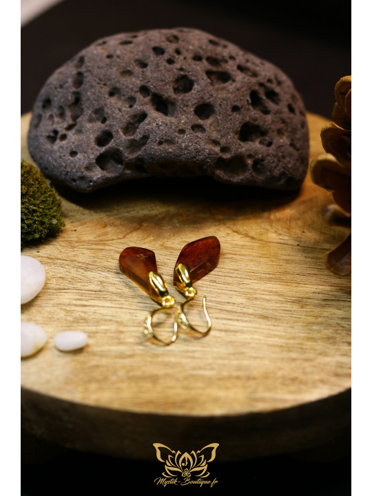 Boucles d'oreilles artisanales en ambre - Accroches en laiton plaqué or 18K