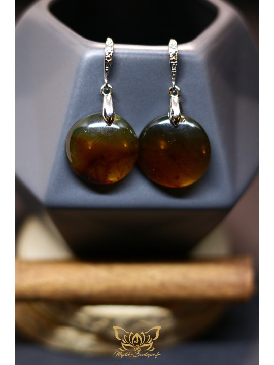 Boucles d'oreilles artisanales rondes en ambre - Accroches en laiton plaqué platine