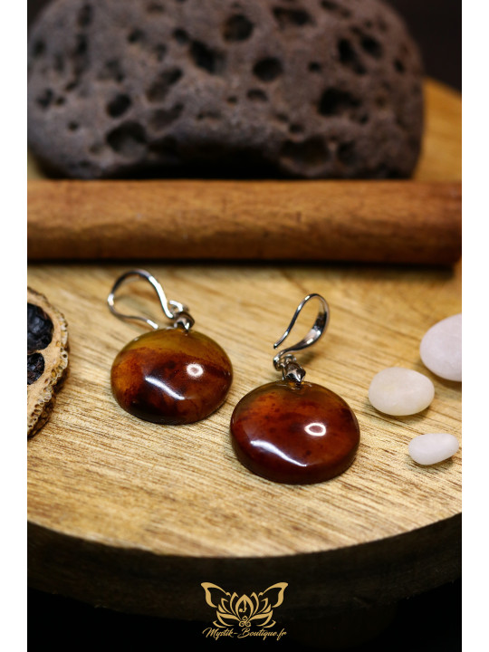 Boucles d'oreilles artisanales rondes en ambre - Accroches en laiton plaqué platine