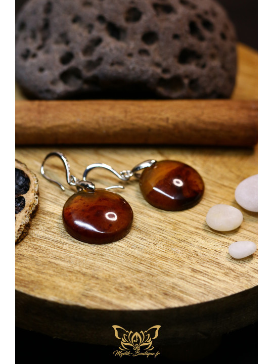 Boucles d'oreilles artisanales rondes en ambre - Accroches en laiton plaqué platine