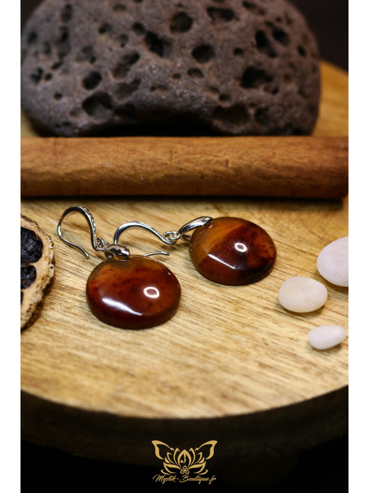 Boucles d'oreilles artisanales rondes en ambre - Accroches en laiton plaqué platine