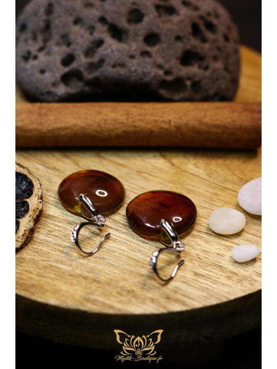 Boucles d'oreilles artisanales rondes en ambre - Accroches en laiton plaqué platine