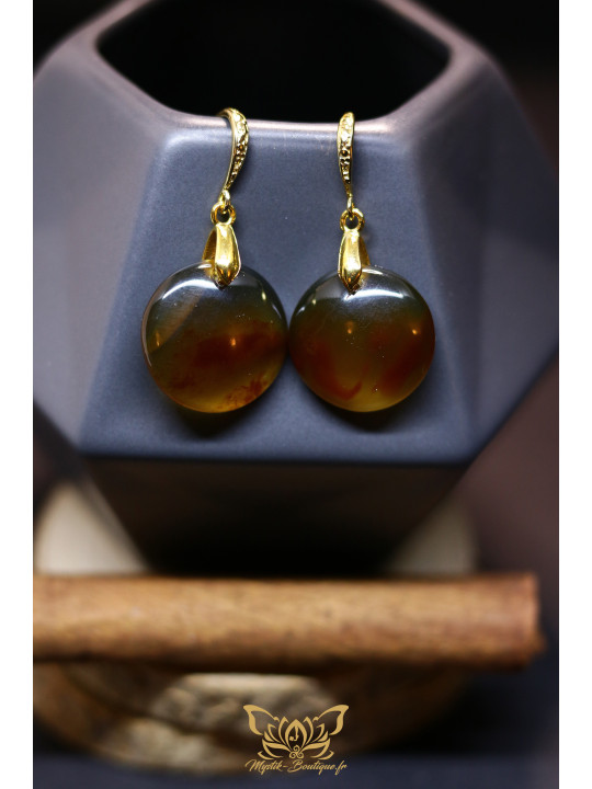 Boucles d'oreilles artisanales rondes en ambre - Accroches en laiton plaqué or 18k