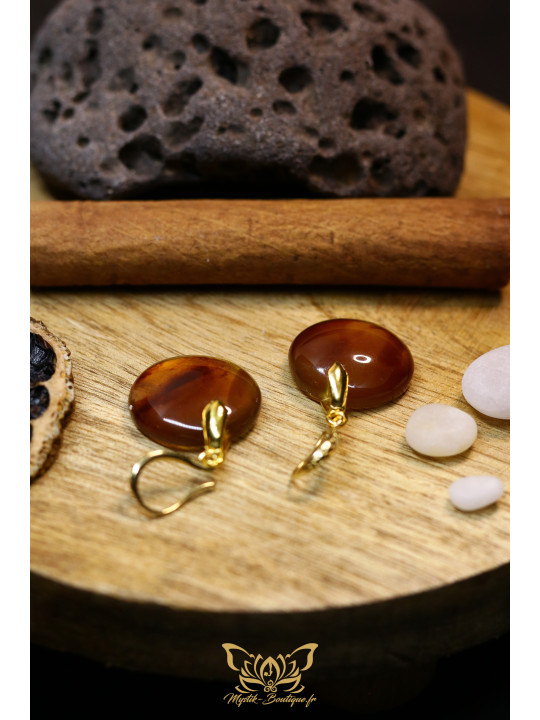 Boucles d'oreilles artisanales rondes en ambre - Accroches en laiton plaqué or 18k