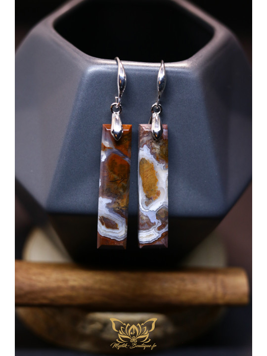 Boucles d'oreilles artisanales rectangulaires en agate mousse brune - Accroches en laiton plaqué platine