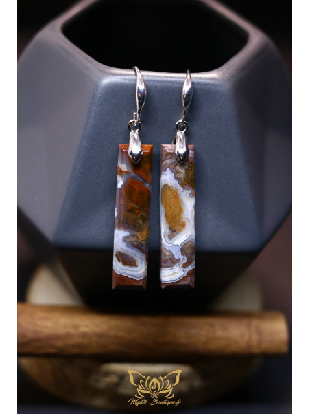 Boucles d'oreilles artisanales rectangulaires en agate mousse brune - Accroches en laiton plaqué platine