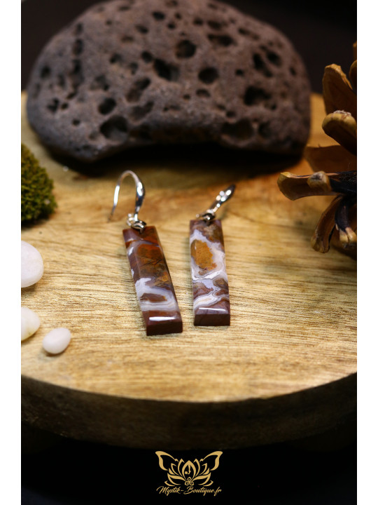 Boucles d'oreilles artisanales rectangulaires en agate mousse brune - Accroches en laiton plaqué platine