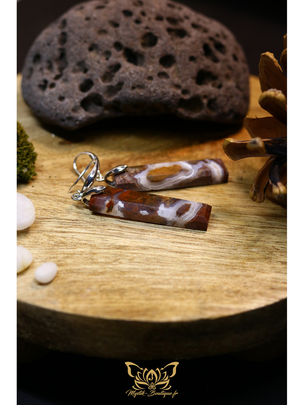 Boucles d'oreilles artisanales rectangulaires en agate mousse brune - Accroches en laiton plaqué platine