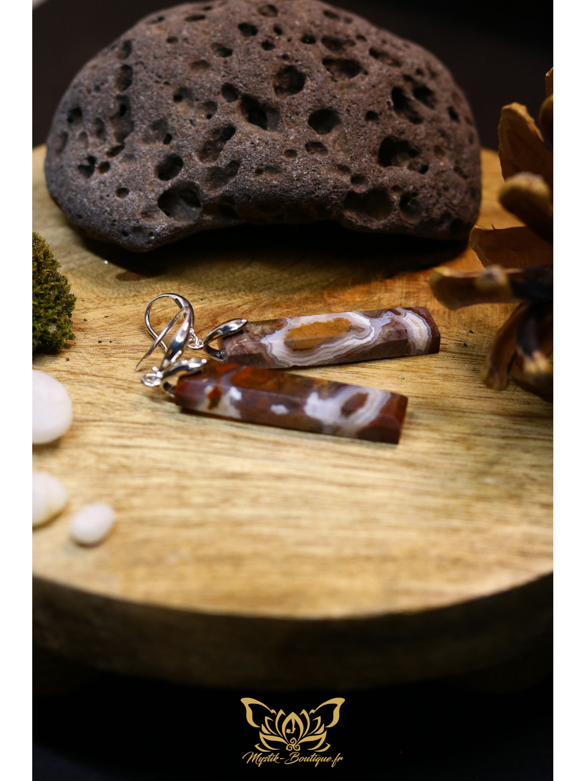 Boucles d'oreilles artisanales rectangulaires en agate mousse brune - Accroches en laiton plaqué platine