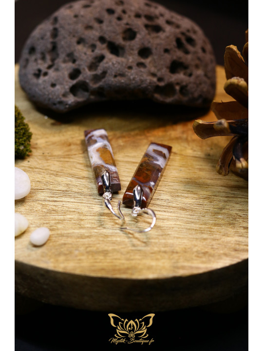 Boucles d'oreilles artisanales rectangulaires en agate mousse brune - Accroches en laiton plaqué platine