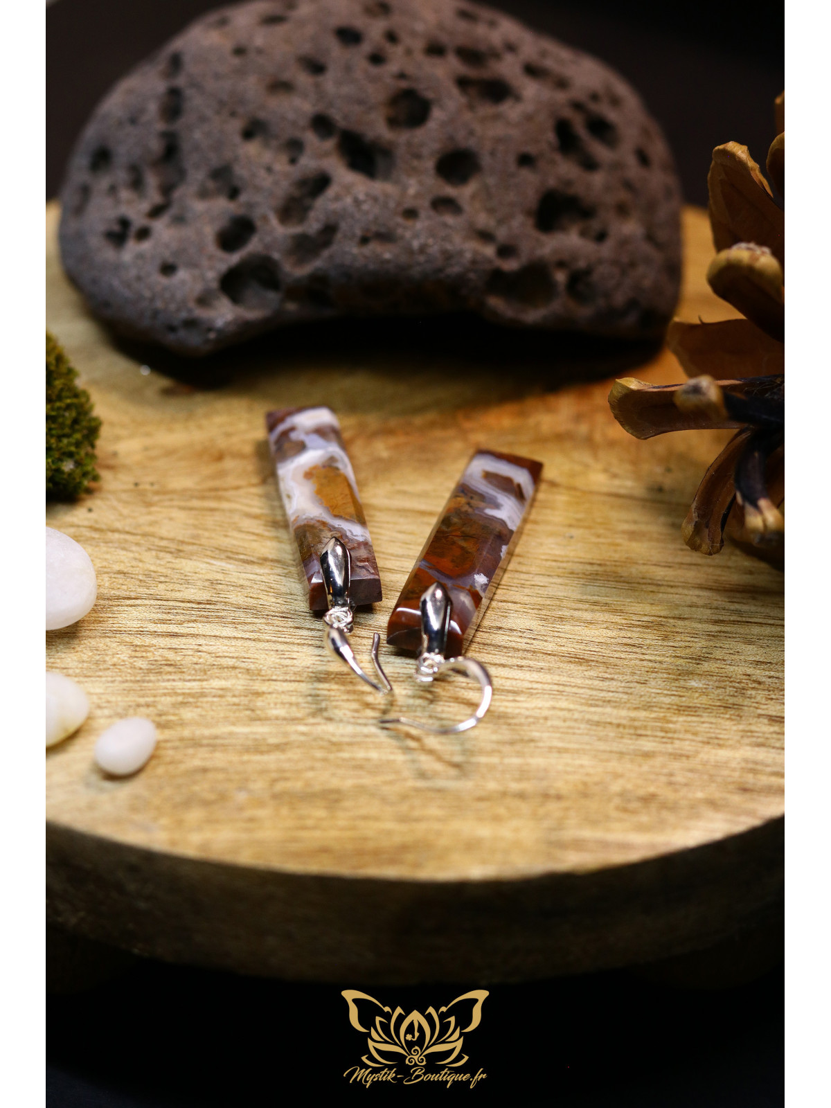 Boucles d'oreilles artisanales rectangulaires en agate mousse brune - Accroches en laiton plaqué platine