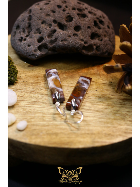 Boucles d'oreilles artisanales rectangulaires en agate mousse brune - Accroches en laiton plaqué platine