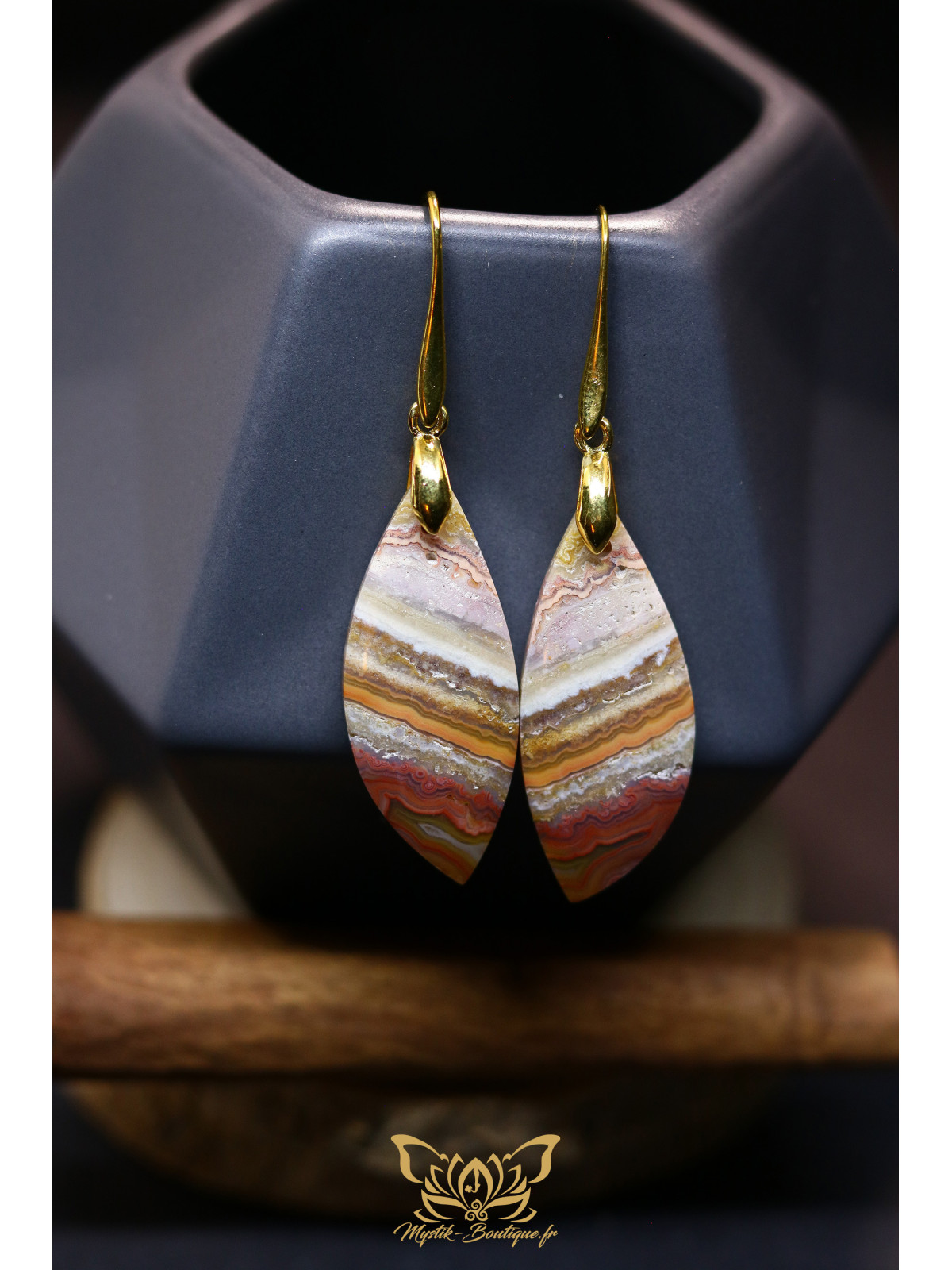 Boucles d'oreilles artisanales larmes en agate crazy lace (dentelle folle) - Accroches en laiton plaqué or 18K