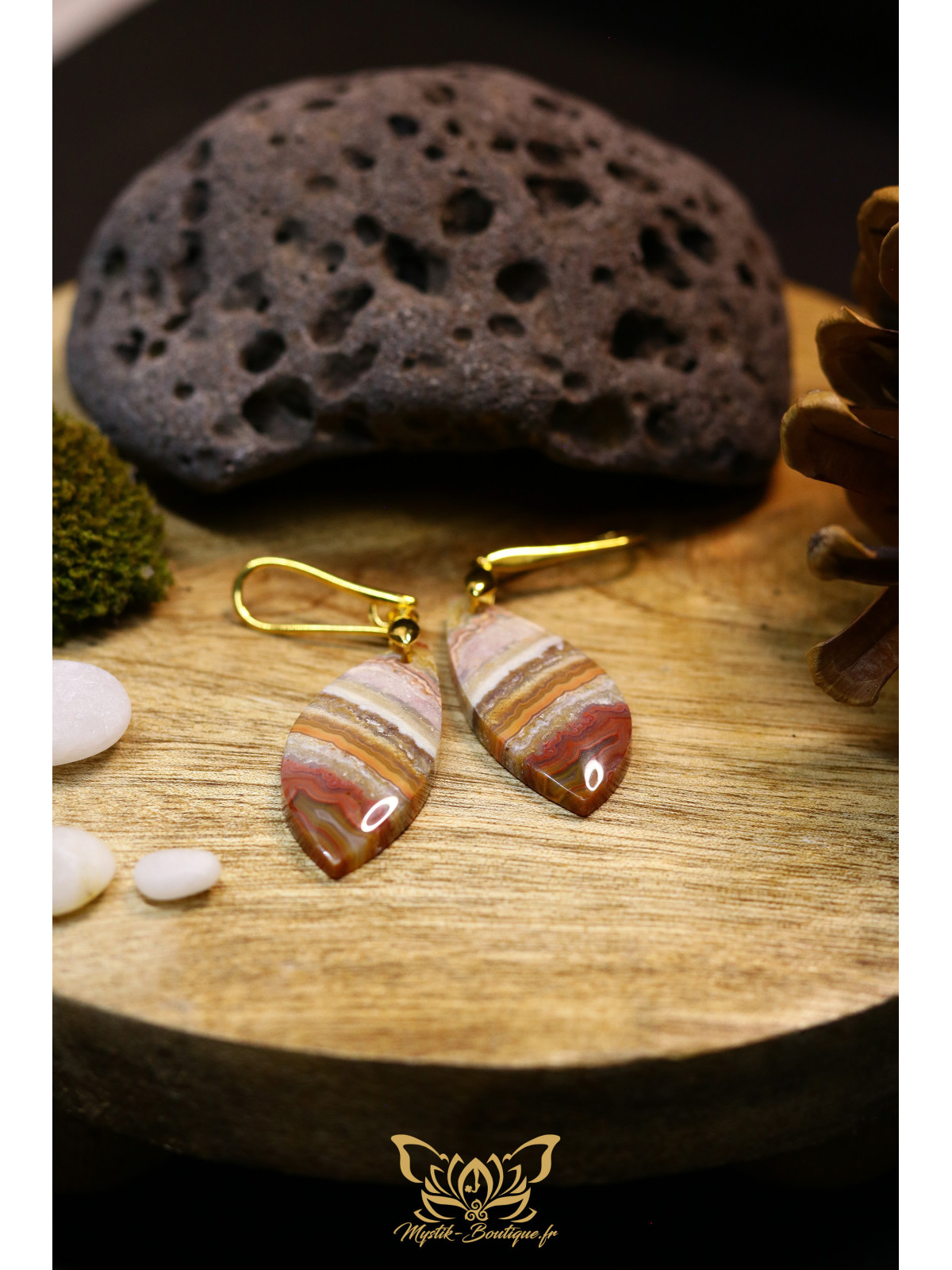 Boucles d'oreilles artisanales larmes en agate crazy lace (dentelle folle) - Accroches en laiton plaqué or 18K