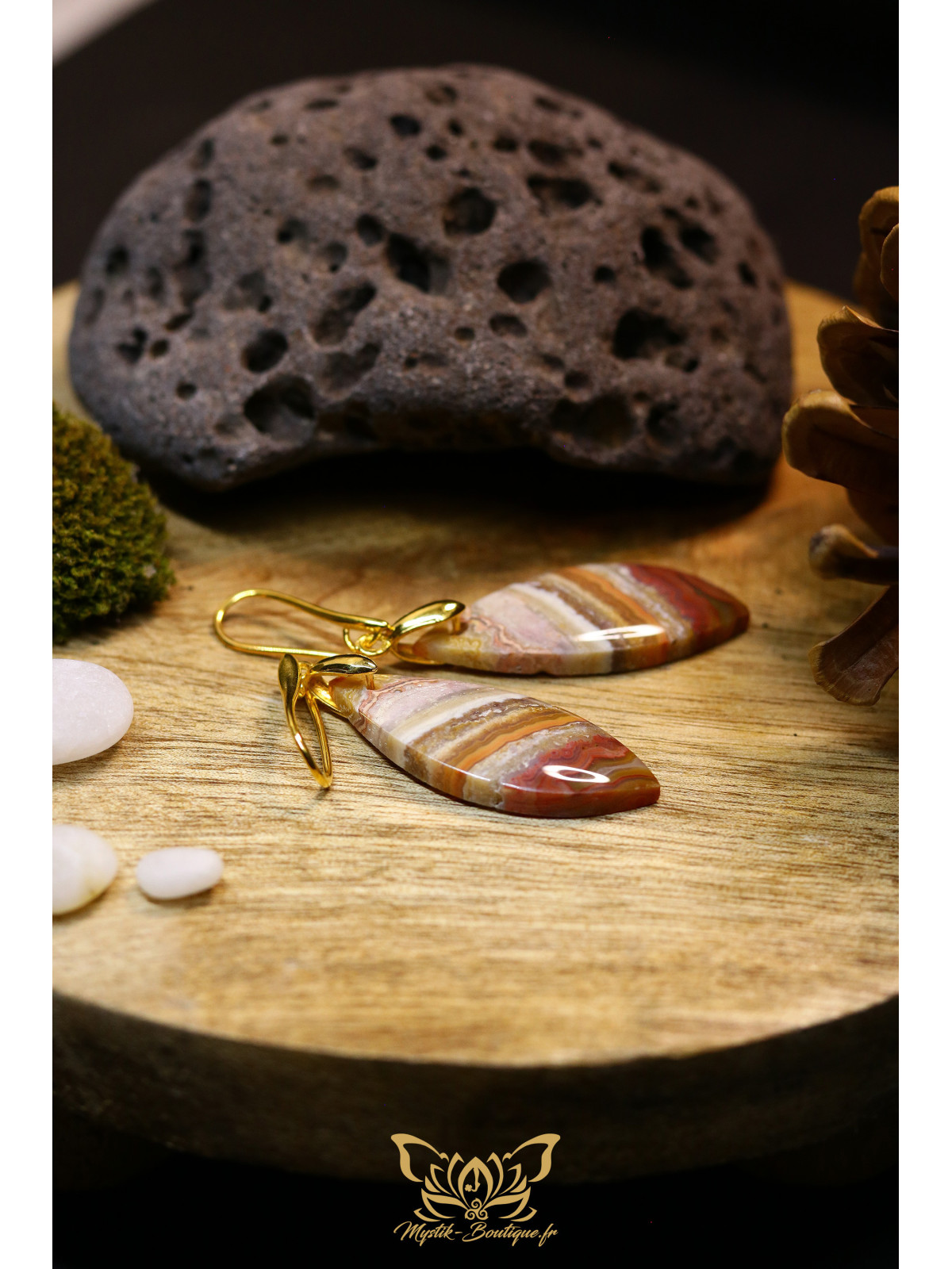 Boucles d'oreilles artisanales larmes en agate crazy lace (dentelle folle) - Accroches en laiton plaqué or 18K
