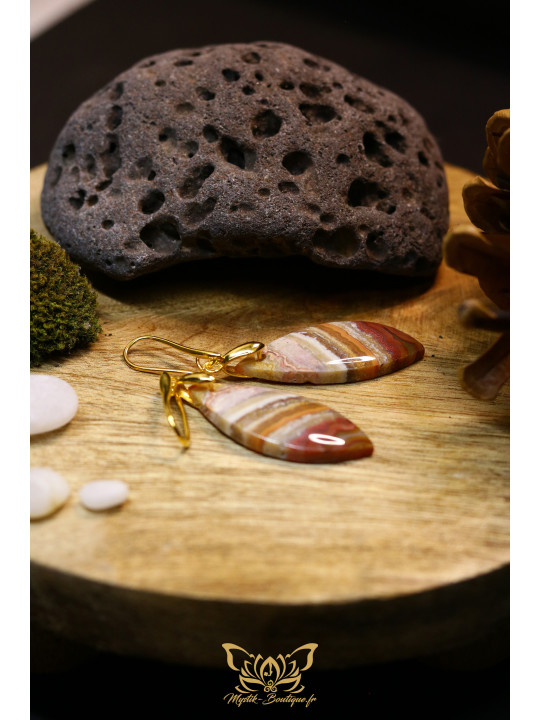 Boucles d'oreilles artisanales larmes en agate crazy lace (dentelle folle) - Accroches en laiton plaqué or 18K