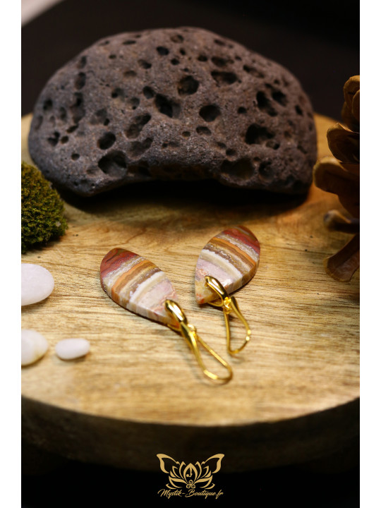 Boucles d'oreilles artisanales larmes en agate crazy lace (dentelle folle) - Accroches en laiton plaqué or 18K