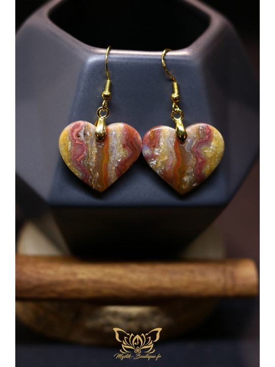 Boucles d'oreilles artisanales cœurs en agate crazy lace (dentelle folle) - Accroches en laiton plaqué argent 925 doré