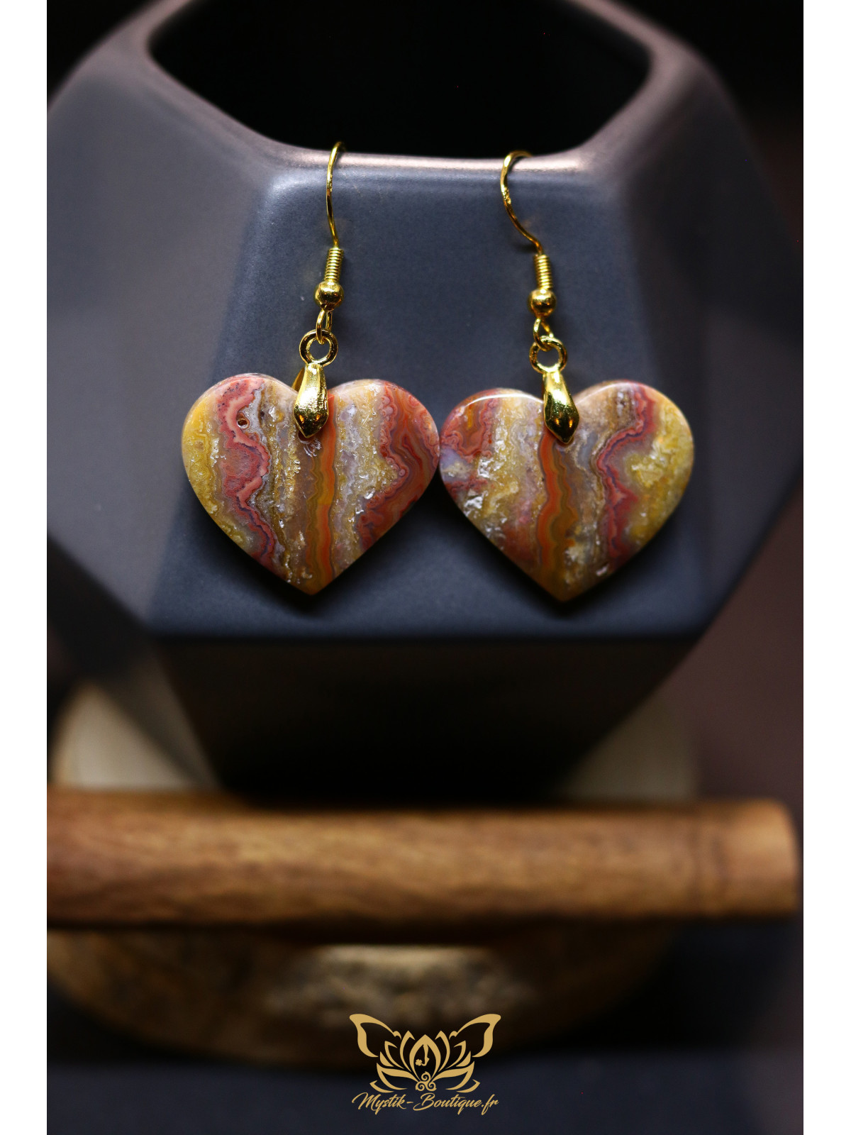 Boucles d'oreilles artisanales cœurs en agate crazy lace (dentelle folle) - Accroches en laiton plaqué argent 925 doré