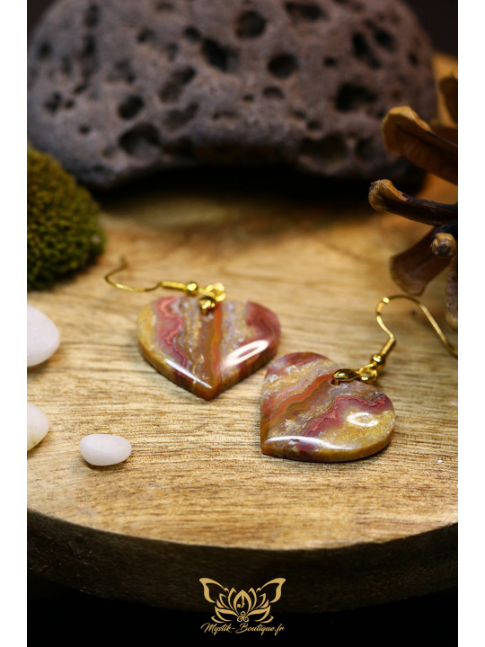 Boucles d'oreilles artisanales cœurs en agate crazy lace (dentelle folle) - Accroches en laiton plaqué argent 925 doré