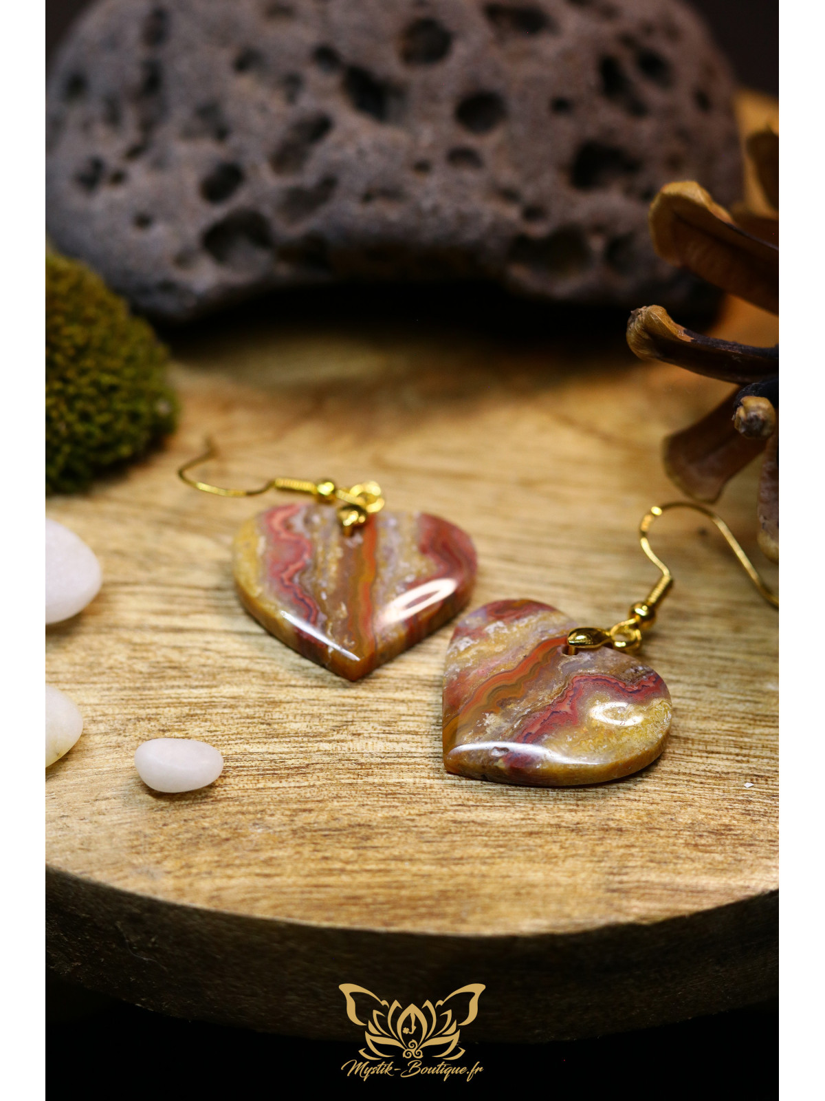 Boucles d'oreilles artisanales cœurs en agate crazy lace (dentelle folle) - Accroches en laiton plaqué argent 925 doré