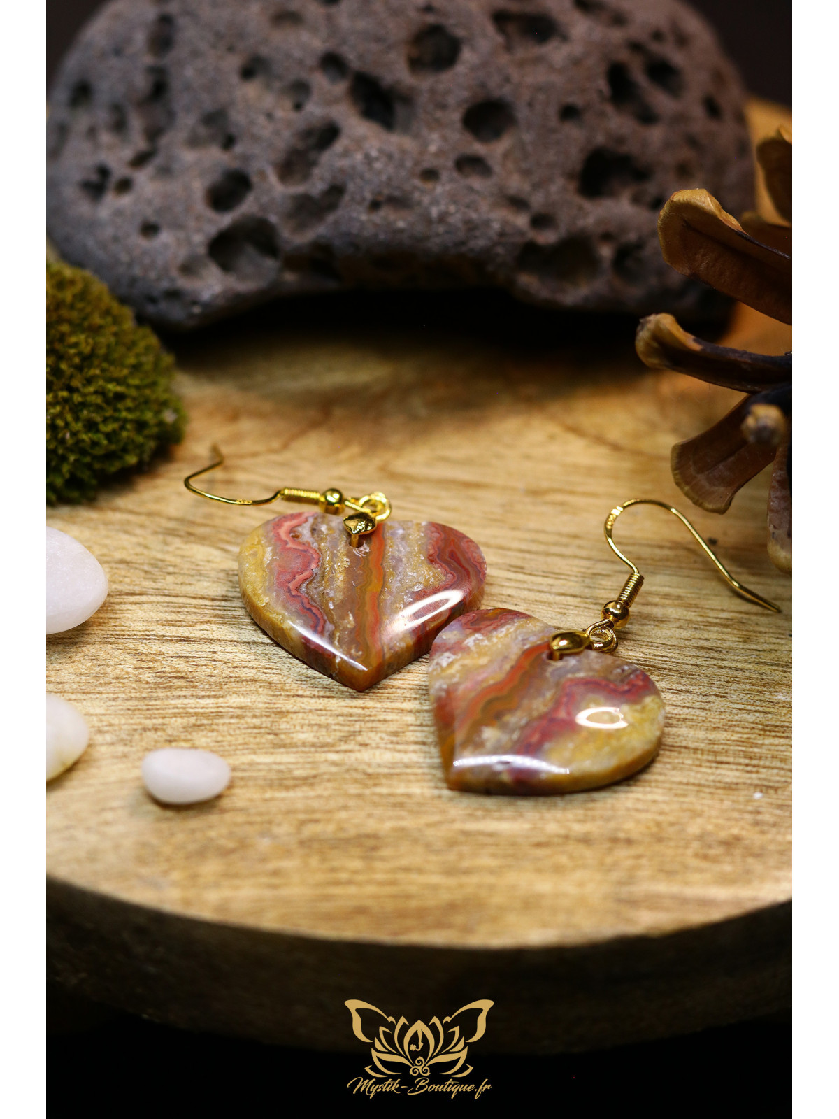 Boucles d'oreilles artisanales cœurs en agate crazy lace (dentelle folle) - Accroches en laiton plaqué argent 925 doré