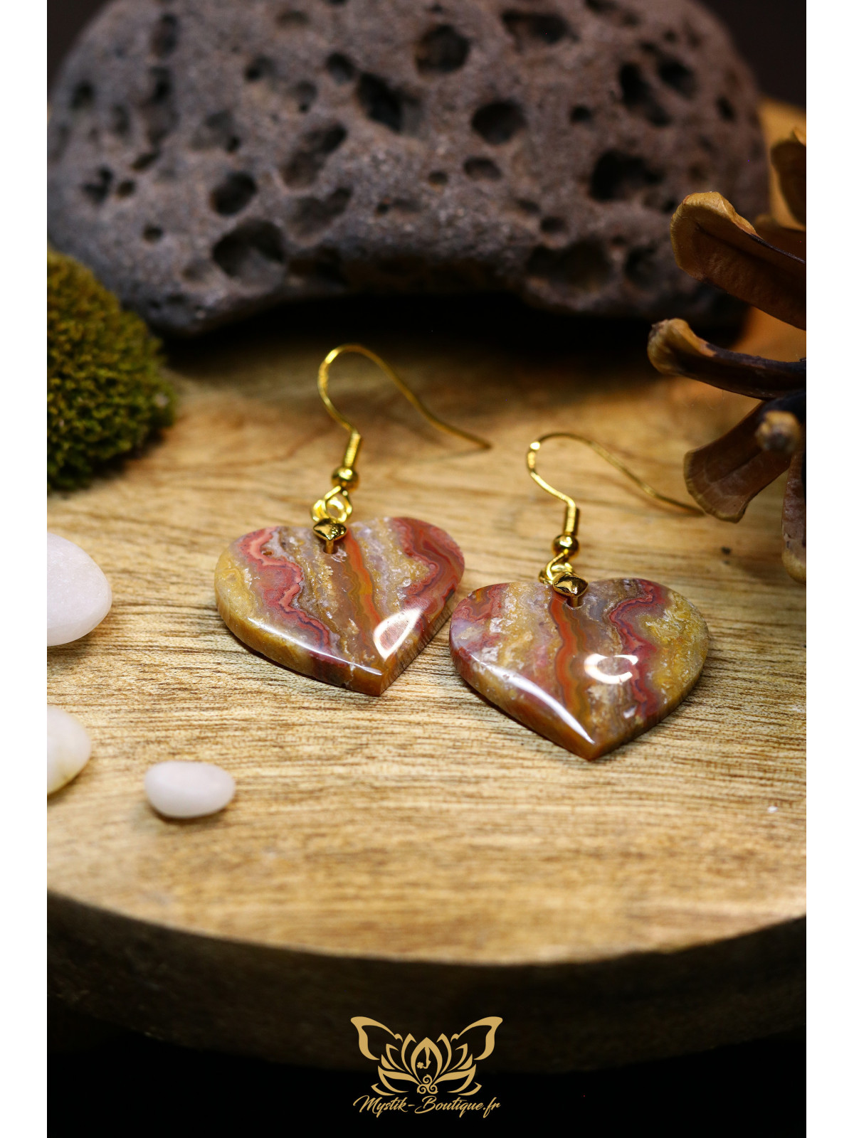 Boucles d'oreilles artisanales cœurs en agate crazy lace (dentelle folle) - Accroches en laiton plaqué argent 925 doré