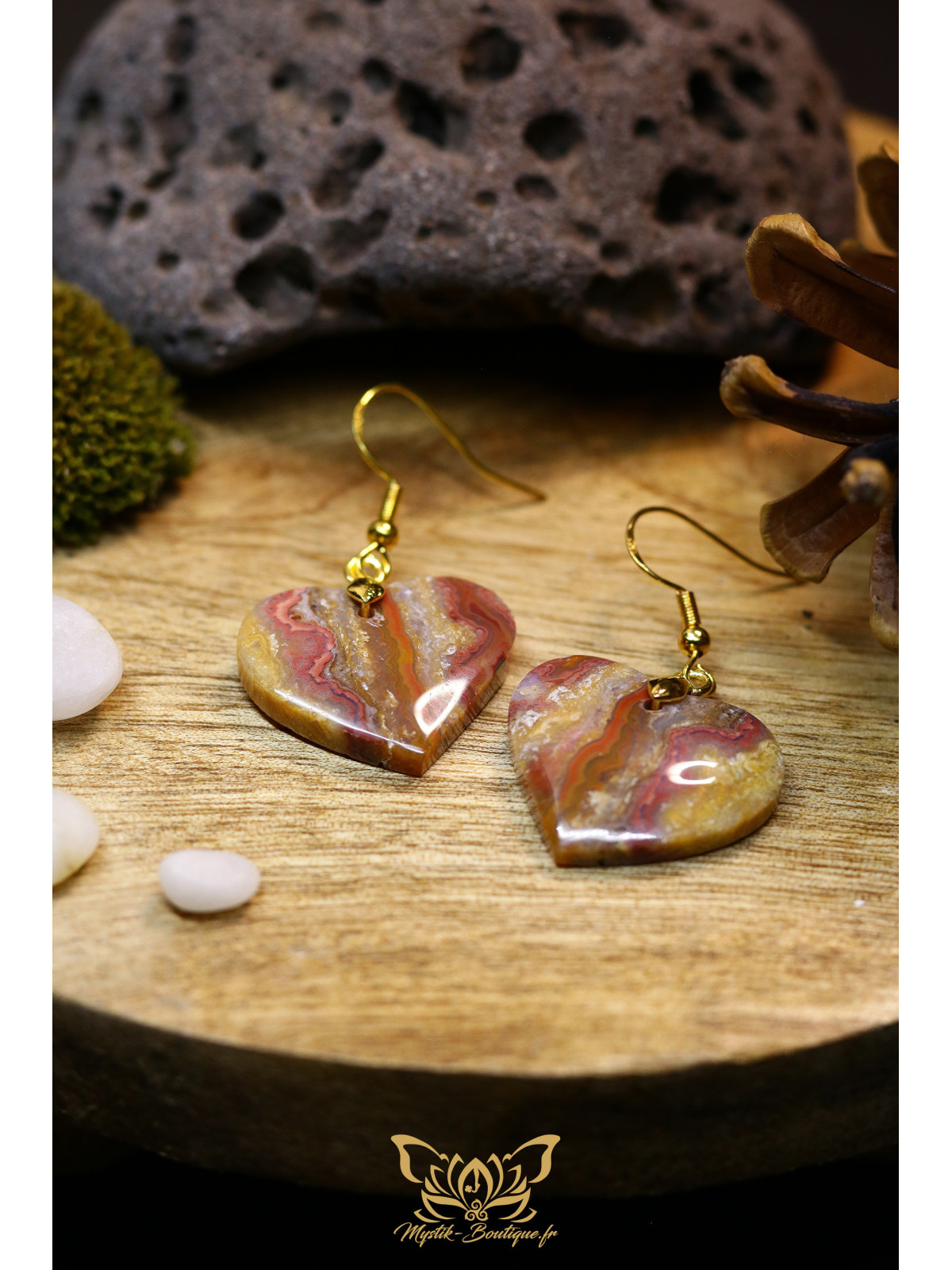 Boucles d'oreilles artisanales cœurs en agate crazy lace (dentelle folle) - Accroches en laiton plaqué argent 925 doré