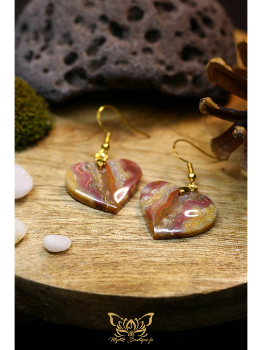 Boucles d'oreilles artisanales cœurs en agate crazy lace (dentelle folle) - Accroches en laiton plaqué argent 925 doré