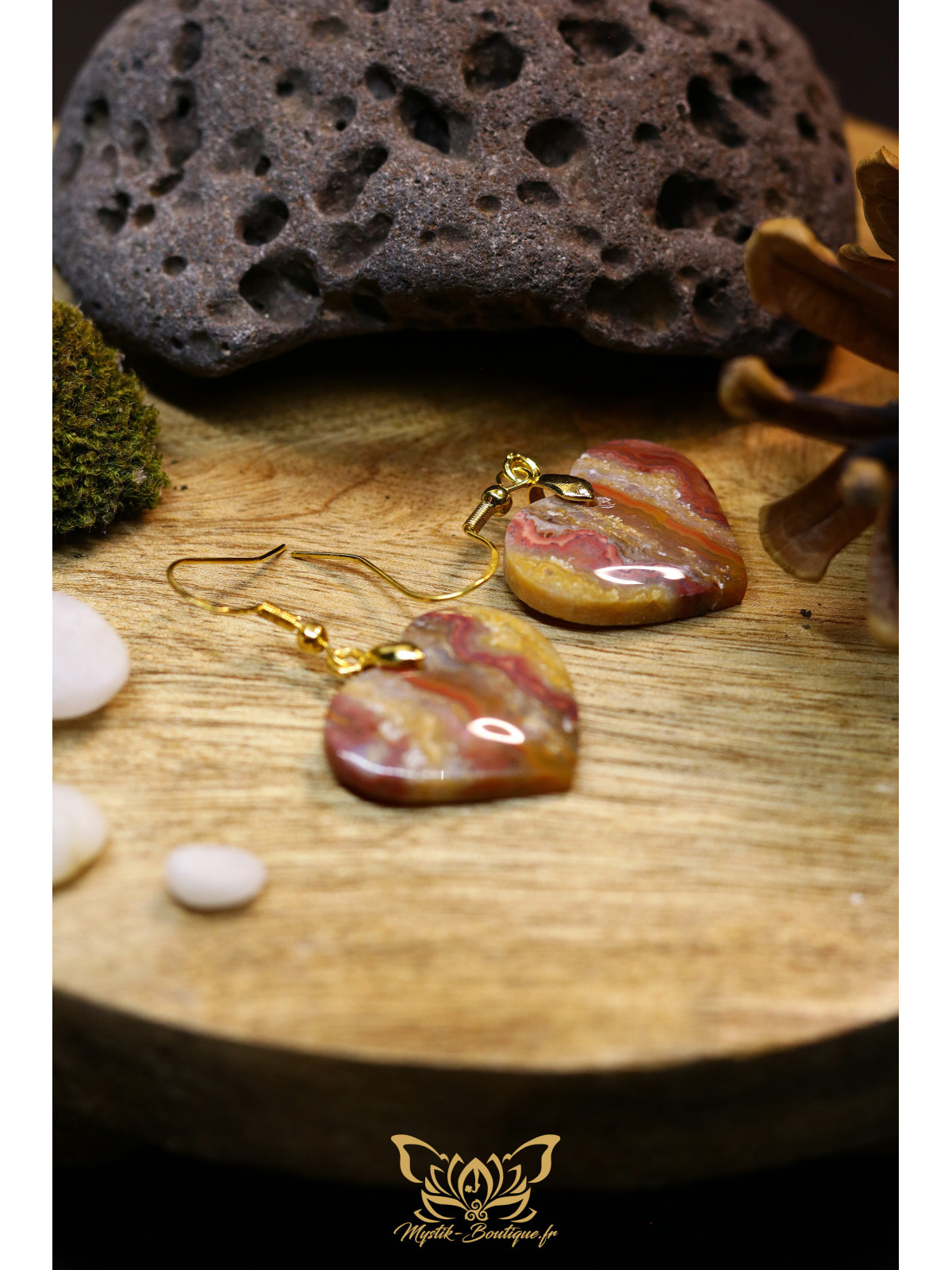 Boucles d'oreilles artisanales cœurs en agate crazy lace (dentelle folle) - Accroches en laiton plaqué argent 925 doré