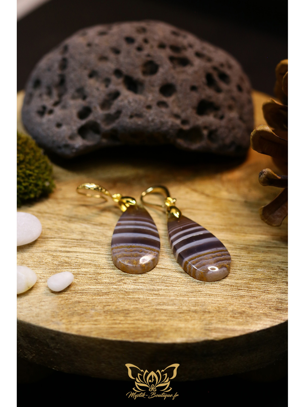 Boucles d'oreilles artisanales gouttes en fluorite arc-en-ciel - Accroches en laiton plaqué or 18K