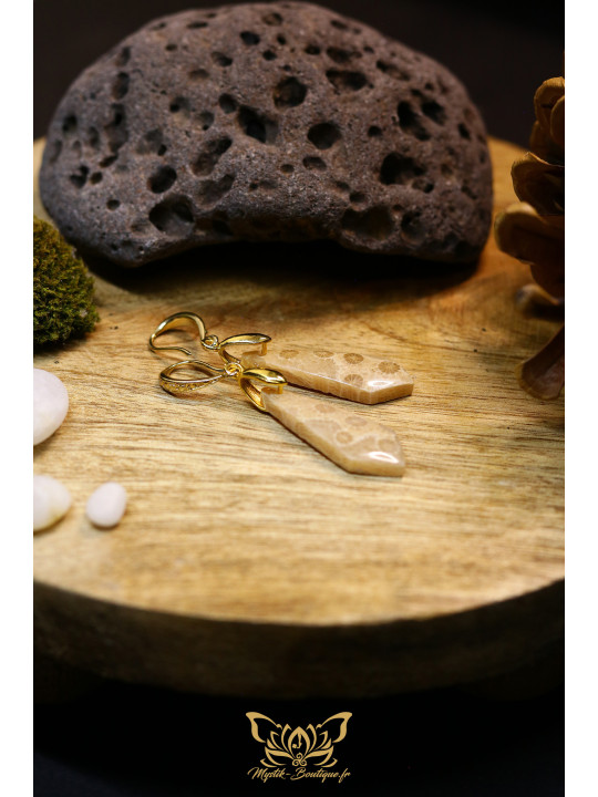 Boucles d'oreilles artisanales cravates en corail fossile - Accroches en laiton plaqué or 18K