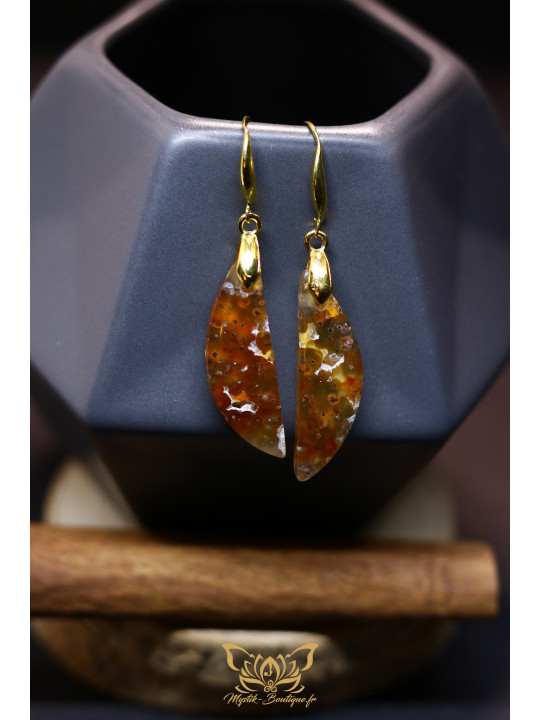 Boucles d'oreilles artisanales larmes en calcédoine chrysocolle et cuivre natif - Accroches en laiton plaqué or 18K